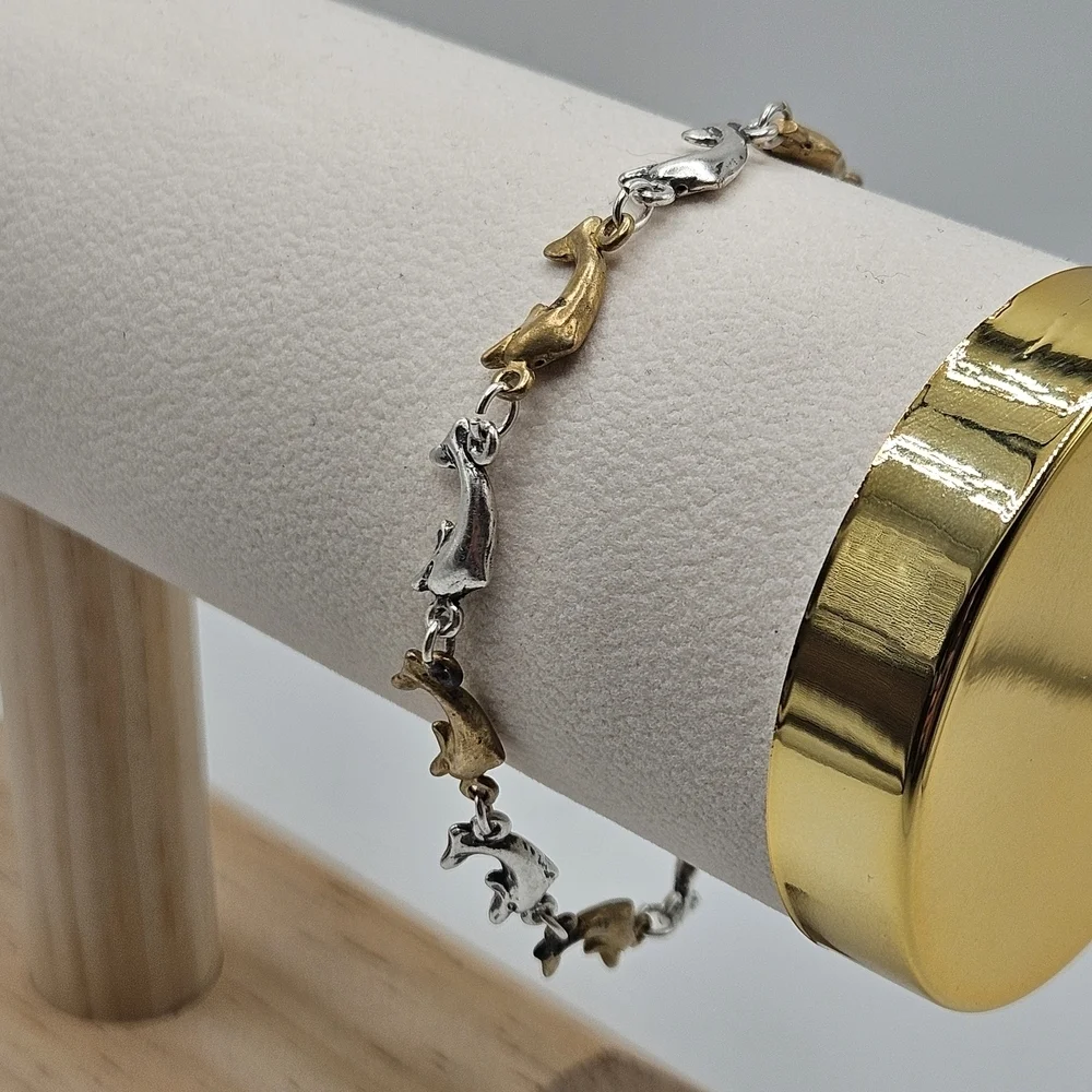 VINTAGE Sterling Silver 925 Silver & Gold Tone Leaping Dolphin Link Bracelet